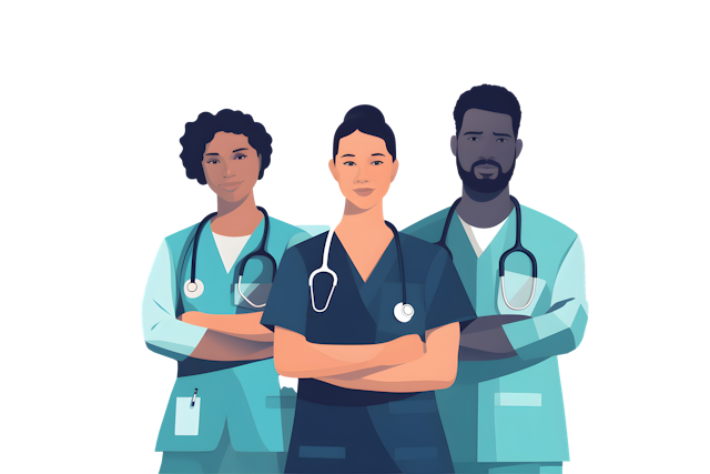 Flat vector illustration portrait nurses and doctors at hospital proud empowered and excited about medical collaboration face healthcare and health expert team united for innovation teamwork and suppo © VIX - stock.adobe.com