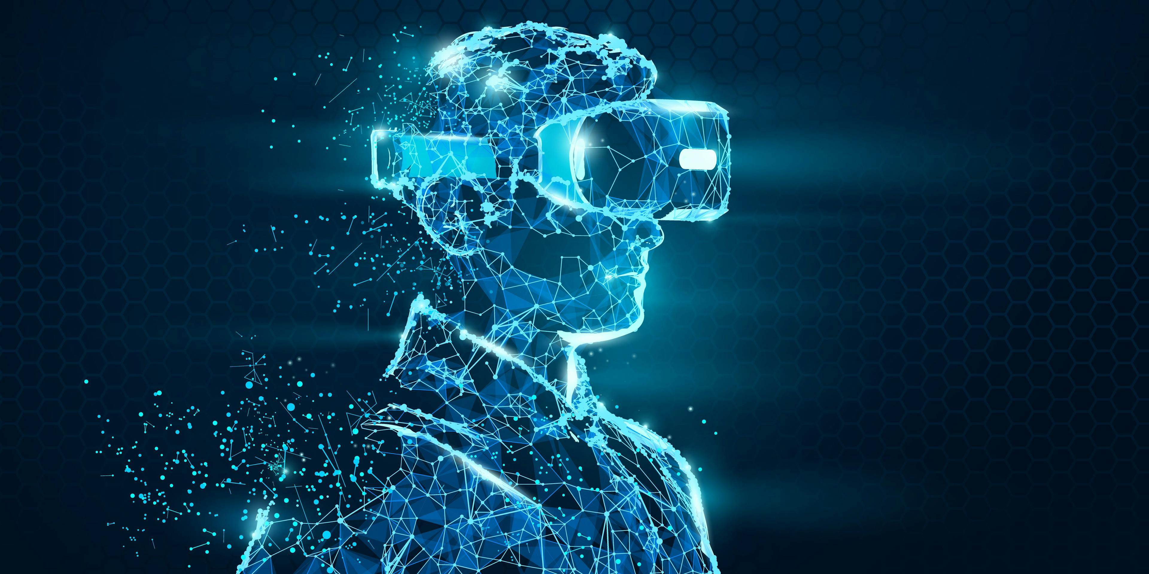 VR headset holographic low poly wireframe vector banner. Polygonal man wearing virtual reality glasses, helmet. VR games playing. Particles, dots, lines, triangles on blue background. Neon light.: © matrosovv - stock.adobe.com